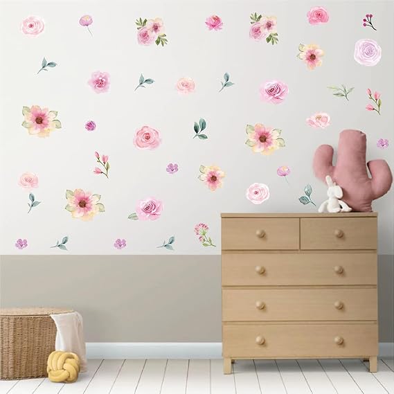 Watercolor Pink Flower Wall Decals 120+ Aesthetic Rose & Peony Stickers (8 Sheets), Removable Peel-and-Stick Floral Mural Decor for Bedroom, Nursery, Girls Room, Living Room & Wedding Backdrops