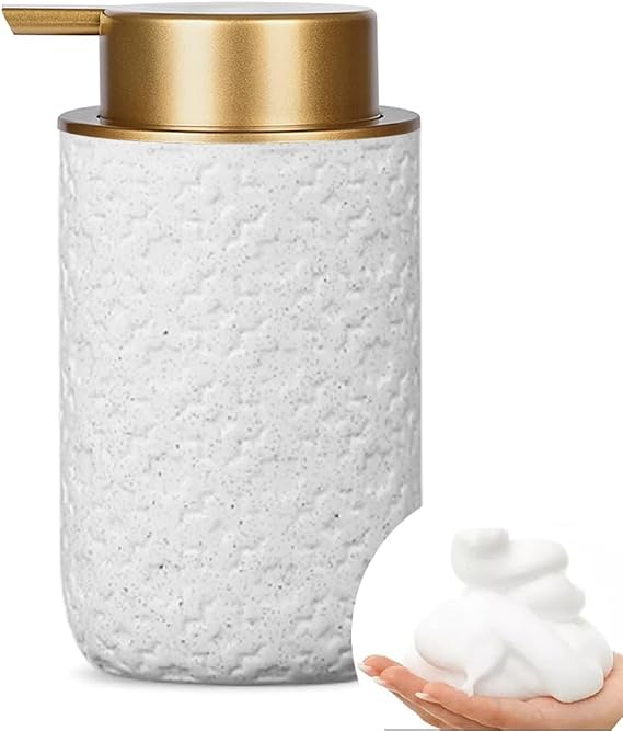 Beige Ceramic Foam Soap Dispenser with Gold Pump - Refillable for Kitchen & Bathroom, 12 Oz for Soap, Sanitizer, Shower Gel, Hand Wash