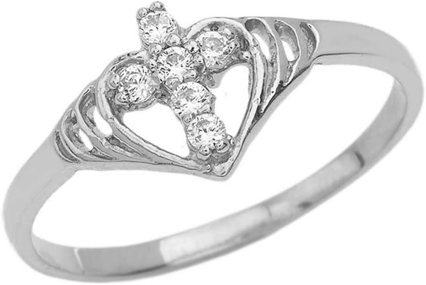 Religious Jewelry Unique Sterling Silver CZ Studded Open Heart Cross Ring (Size 6)