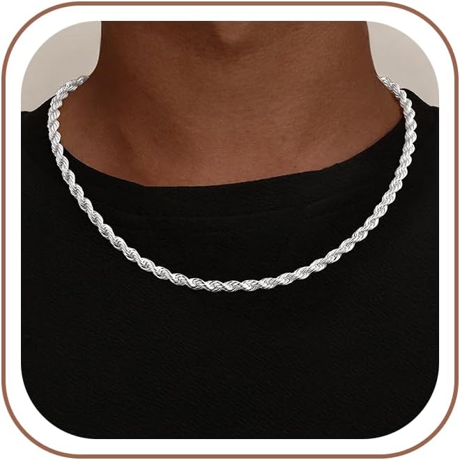 925 Sterling Silver Men’s Chain, Solid Silver Twisted Rope Chain Necklace, Jewellery Gift for Him, 4mm 5mm Width, 18–24 Inches