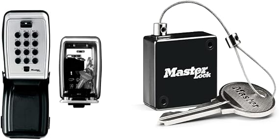 MASTER LOCK Key Safe [Wall mounted] [Push-Button Combination] [Weatherproof - Outdoor] - 5423EURD - Key Lock Box & 5490EURD Retractable Tether for Key Safe, Up to 91 cm Long, Black, 0 cm x 0 cm x 0 cm