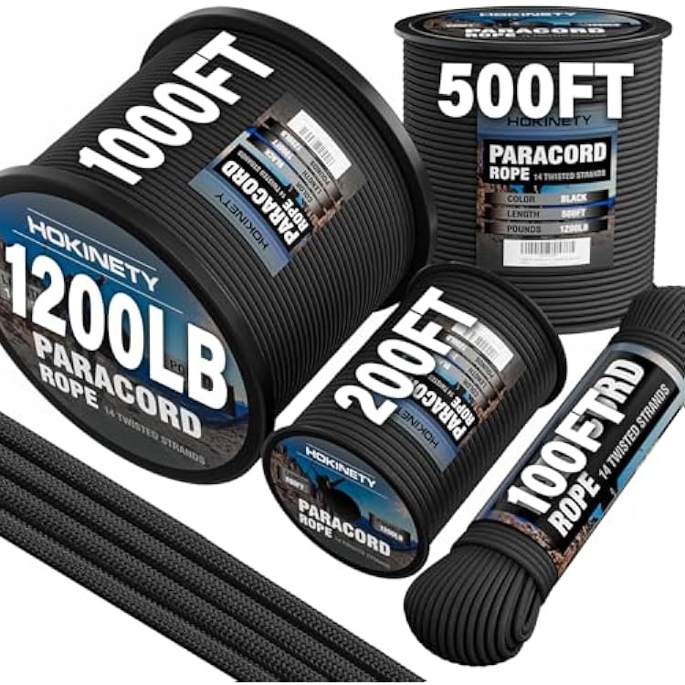 1200 Paracord Rope - 4.4mm Nylon Parachute Spool para Cord Lanyard for Outdoor Camping Survival Utility Tent Crafting DIY Projects Fishing Clothsline Bracelet - Black 100FT