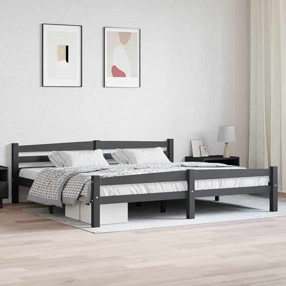 Solid Wood Bed Dark Grey Pine 200 x 200 cm with Slatted Frame, Sturdy Bedroom Bed, Modern Family Bed, Robust Box Bed, Comfortable Wooden Bed Frame