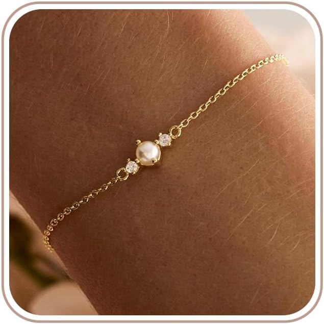 Pearl Gold Bracelets for Women Non Tarnish -14k Real Gold Plated Charm Beaded Bracelets White Brides Bridesmaid Wedding Dainty Pearl Bracelet Gold Jewelry for Women Accesory Birthday Gifts
