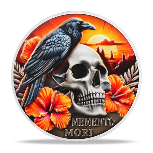 Memento Mori Coin Skull Challenge Coins EDC Stoic Reminder Token Sunset & Floral Backgroind Inspiring Life & Death Stoicism Gifts for Daily Practice