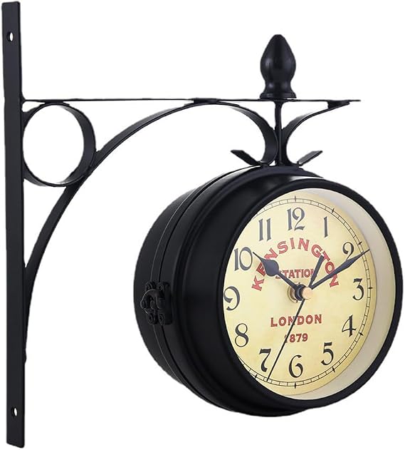 Surakey Double Sided Wall Clock 4-inch Vintage Circular Metal Wall-Mounted Clock Retro Train Station Clock Wrought Iron Clock for Indoor Patio Garden Cafe Library Study Room Home Use (Black)