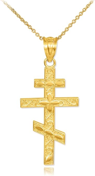 14k Gold Russian Orthodox Cross Pendant Necklace