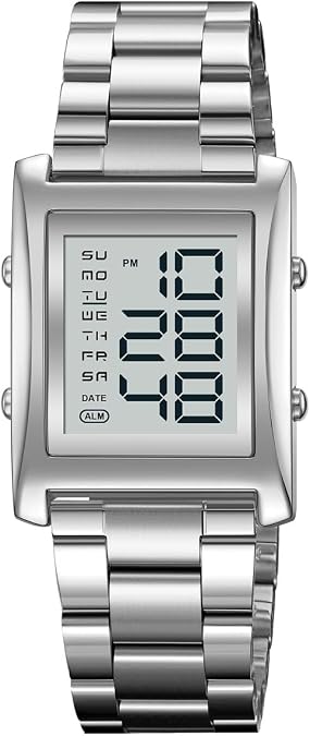 Watches for Men Fashion Trend Multifunction Outdoor Sports Watch EL Light Large Digital Display Chronograph Stainless Steel Rectangle Watches