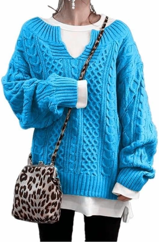 Zhyaj Womens Chunky Cable Knit Sweater V Neck Long Sleeve Fall Winter Oversized Pullover Sweaters Solid Color