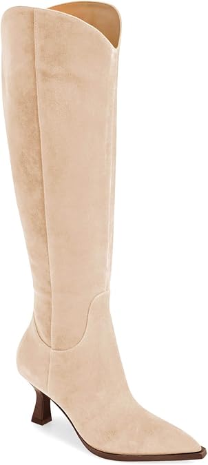 Coutgo Womens Wide Calf Knee High Boots Kitten Heel Pointed Toe Tall Boots Side Zipper Fall Winter Shoes
