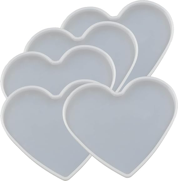 5Pcs Love Heart Epoxy Mold DIY Resin Casting Heart Base Coaster Silicone Mold, 5Pcs Medium Size, 10 x 7.3cm