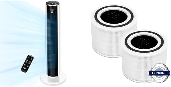 LEVOIT Tower Fan for Bedroom, 25ft/s Velocity 28dB Bladeless Oscillating Fan & Core 300 Air Purifier Replacement Filter, 3-In-1 Filter, Efficiency Activated Carbon, Core300-RF, 2 Pack, White
