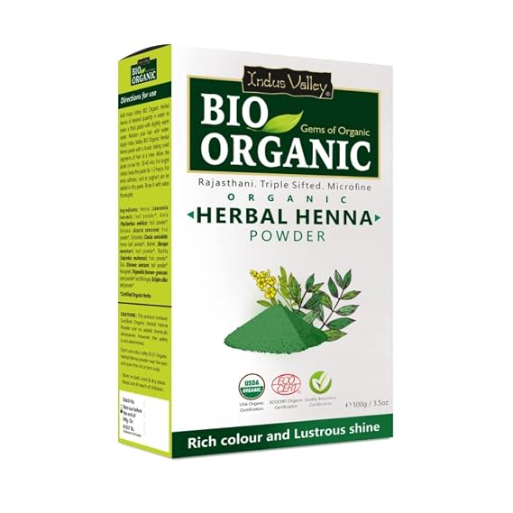 INDUS VALLEY Bio Organic 100% Herbal Henna Powder for Hair, 100g, Organic Rajasthani Henna, Natural Hair Color with 9 Herbs, Triple Sifted Microfine, Vegan, Gloves Included, 3.5 oz