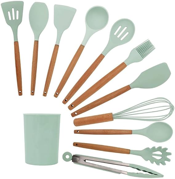 Kitchen Utensil Set, 12 Piece Silicone Cooking Utensils Heat Resistant Kitchen Tools, Non-Stick Baking Cooking Spoon Tools (Green)