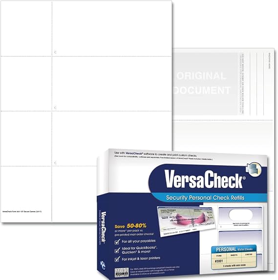 VersaCheck Secure Form #3001-750 Blank Personal s 3 Per Sheet - White Canvas - 250 Sheets