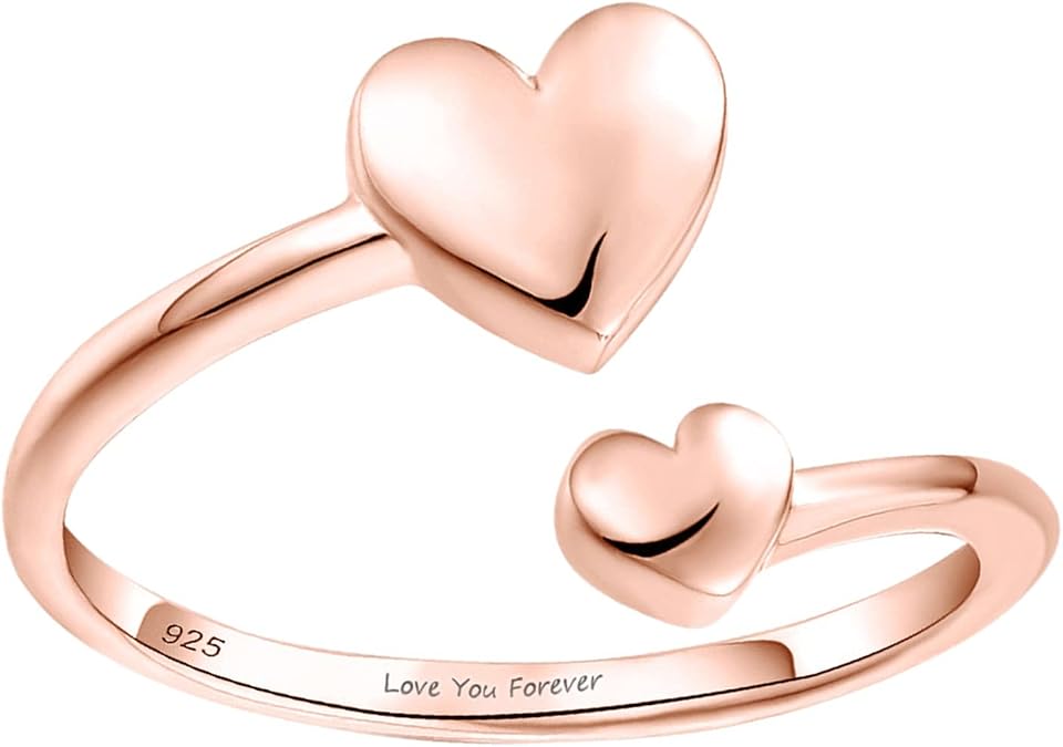 Stacking Rings for Women, Engraved Rings for Women Sterling Silver Rings Adjustable Double Heart Letter "Love You Forever" Open