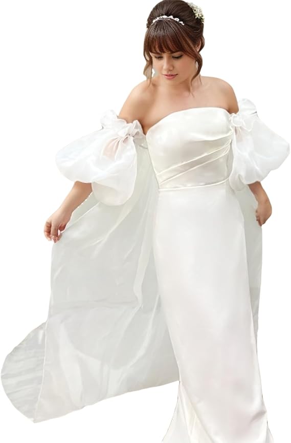 Puffy Sleeves with Long Shawl Cape Organza for Wedding Prom Photoshoot