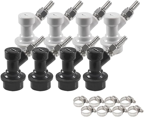 PERA Ball Lock Disconnect Set Keg Fittings with MFL Thread Swivel Nuts,Corny Keg Parts Connectors Fittings with Stainless Steel 5/16'' Gas and 1/4'' Liquid Barbs with clamps for Homebrew (4 pairs)