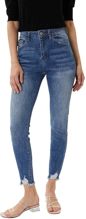 Kan Can Women's Mid Rise Distressed Ankle Skinny Jeans