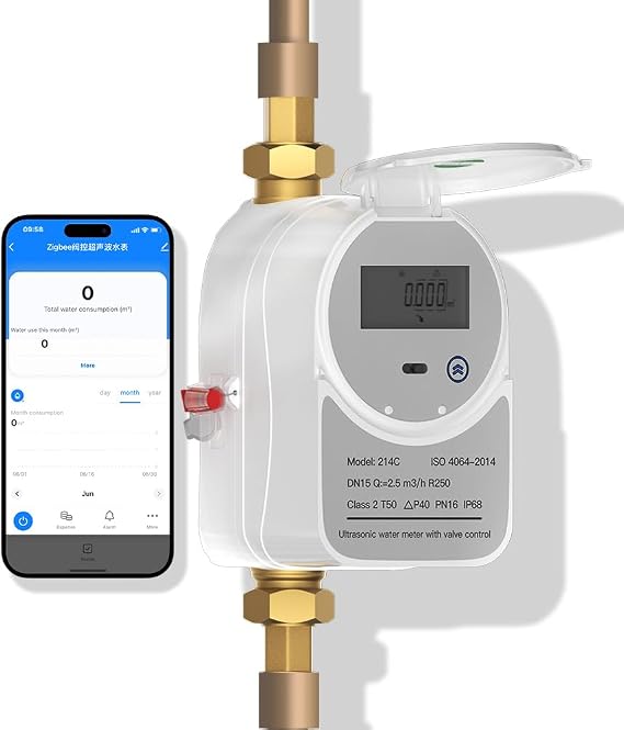 Zigbee Smart Water Meter with Shutoff Valve & LCD Display 214C - Works with Tuya Smart & Home Assistant, Battery-Powered, Remote Flow Monitoring, Zigbee Hub Required (1/2 inch, DN15)