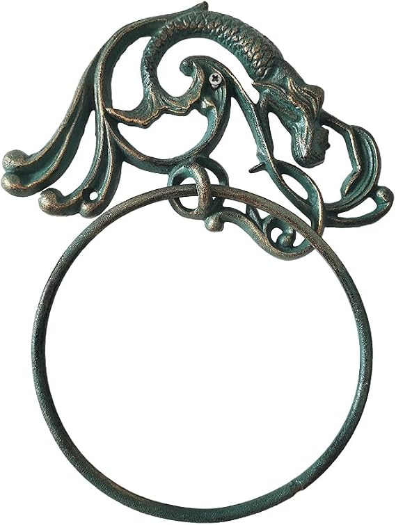 Cast Iron Towel Ring Holder for Bathroom Wall Mounted (Green Mermaid)