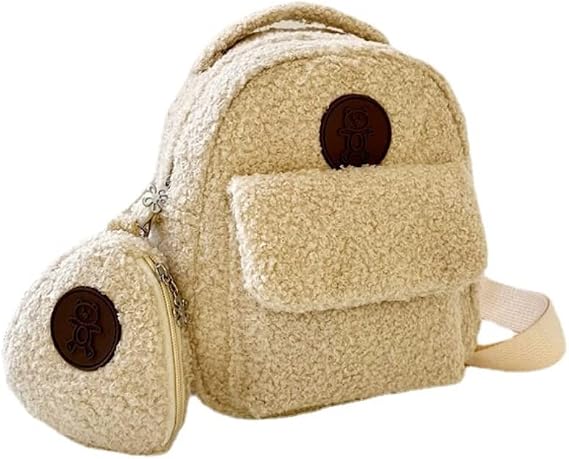 NUFR Mini Plush Backpack Set Furry Purse Cute Kawaii Multi-function Bag Sherpa Fuzzy Fluffy Faux Fur Daypack (Cream)