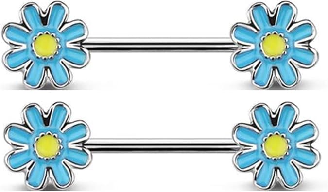 Body Accentz Nipple Ring painted daisy flower Barbell Sold as a pair