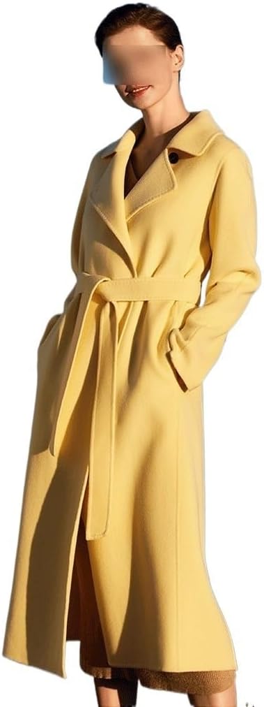 Light Yellow High-end Temperament Double-Sided Cashmere Coat Women in The Long Section Slim Wool Tweed Coat Winter(M Code)