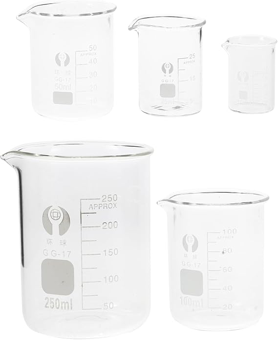 5pcs Glass Beaker Set Heat-Resistant High Clarity Graduated Measuring Beakers (10ml-250ml) for Lab Experiments Chemistry Use