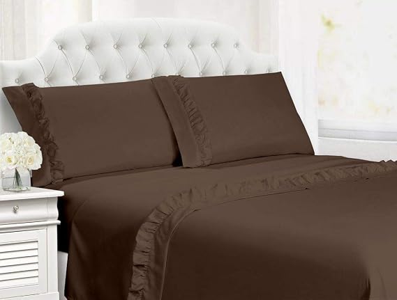 Ruffle Sheet Set - Shabby Chic Double Brushed Soft 21 Inch Deep Solid Sheet Set - Fitted Sheet, Flat Sheet & 2 Pillow Cover, 4-Piece Set 100% Egyptian Cotton - Chocolate, Full Size