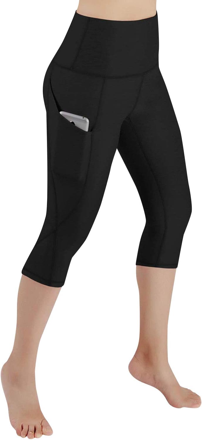 Voqeen Women's High Waist Yoga Pants Capri 34 Length Workout Running Leggings with Pockets Tummy Control Fitness Exercise Cropped Tights- Non-See-Through Fabric