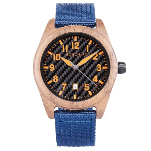 BOBO BIRD Wooden Casual & Business Watch with Nylon Strap, Carbon Fiber Dial Japanese Quartz Movement Wood Watch Lightweight Date Display Wristwatch Multiple Colors