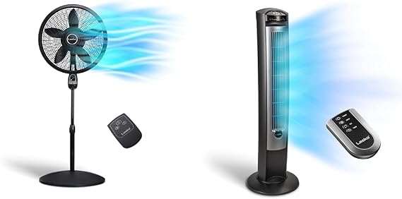Lasko Oscillating Pedestal Fan, Remote, 3 Speeds, 18", Black, 1843 & Quiet Oscillating Tower Fan, Remote, 3-Speed, 42, Silver, T42951