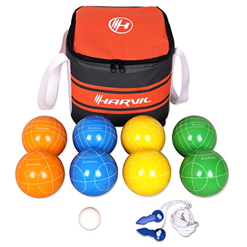 90mm Bocce Ball Set. Includes 8 Poly-Resin Balls, 1 Pallino, 1 Nylon Zip-Up Carrying Case and Measuring Rope