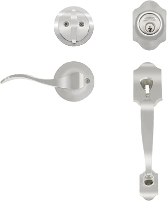 Front Door Handle Set with Deadbolt Lever, Reversible Exterior Door Lock Set Adjustable Entrance Handle Set for Right Left Handed Doors Heavy Duty for Home D-Type Slider, Round, Silver