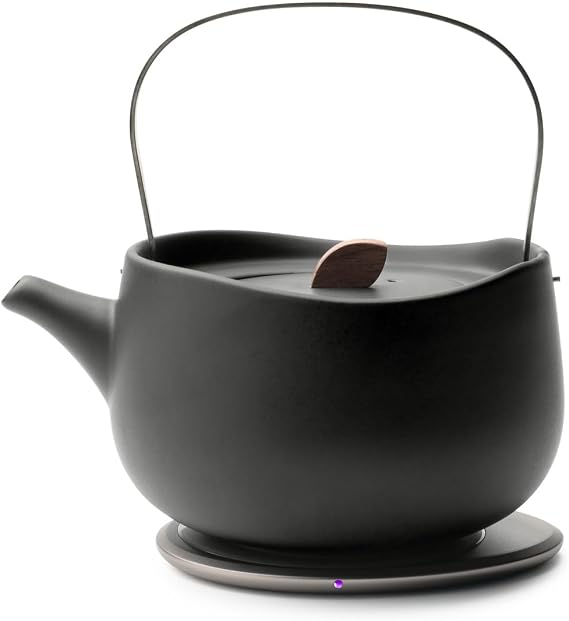 Leiph Self-Heating Teapot Set Inkstone Black | 20 fl oz / 600 mL Ceramic Electric Smart Tea Pot with Cups, Strainer, and Heating Pad