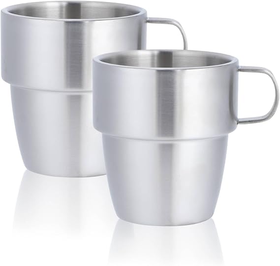 Coffee Mugs, Stainless Steel Coffee Mugs 10 Oz Double Walled Coffee Mugs Stackable Coffee Mugs Water Cup with Handle for Tea, Set of 2