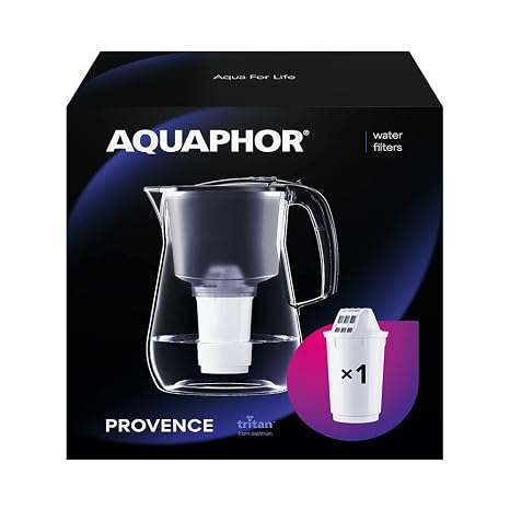 AQUAPHOR Black Provence Glass Effect Premium Water Filter Including 1 A5 Cartridge for Reducing Limescale Chlorine & Heavy Metals, Volumen 4.2 L