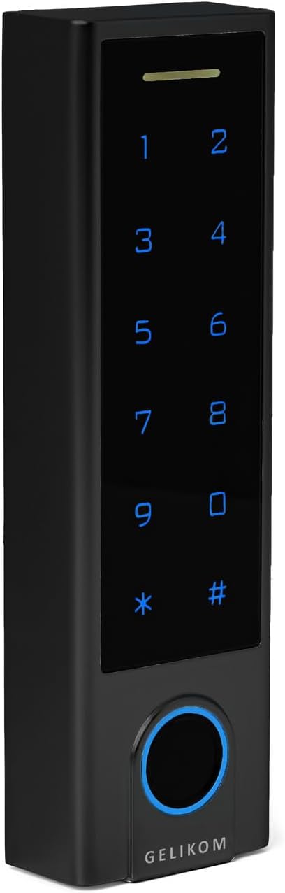 Smart Home Code Lock with Fingerprint Fingerprint in Black 1 Relay Code Lock + Gateway Power Supply 5 RFID KeyFobs Manageable with App Waterproof and Energy-Saving