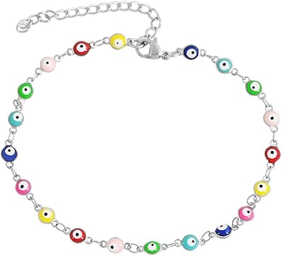 Edforce Stainless Steel Multi-Colored Evil Eye Pendant Anklet, 92 Extender