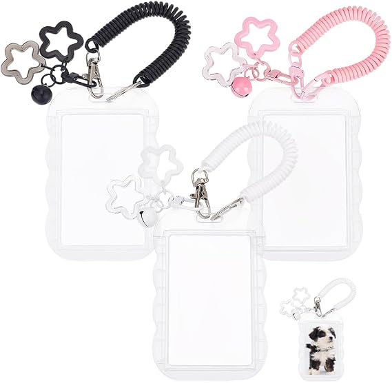 3 Pack Photocard Holder 3 Color Arcylic Photo Card Holder Protector Transparent with Star Bell Pendant Keychain for Student ID Bus Card Photo Display Black White Pink