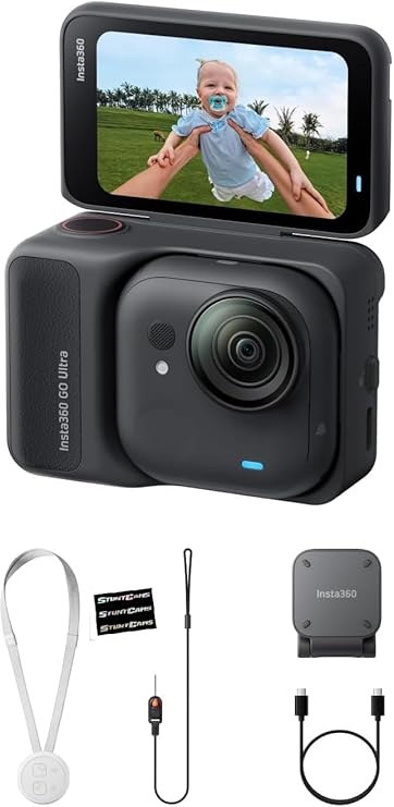 Insta360 GO Ultra Standard Bundle Midnight Black - Tiny Hands-Free 4K Cam, Lightweight & Portable, Low Light, Mount Anywhere, FlowState Stabilization, 200 Min Battery Life, Waterproof to 33ft