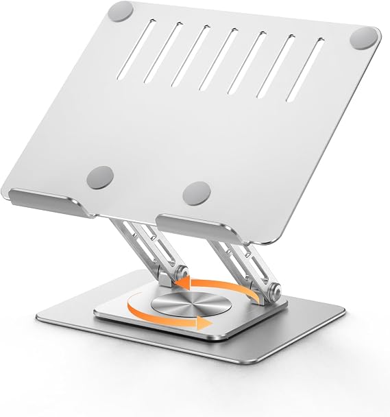 MESWAO Tablet Stand Holder for Desk with 360 Rotating Base, Dual Rod Adjustable & Foldable Aluminum Stand for Home Office Compatible with 11-16 Tablets, Silver