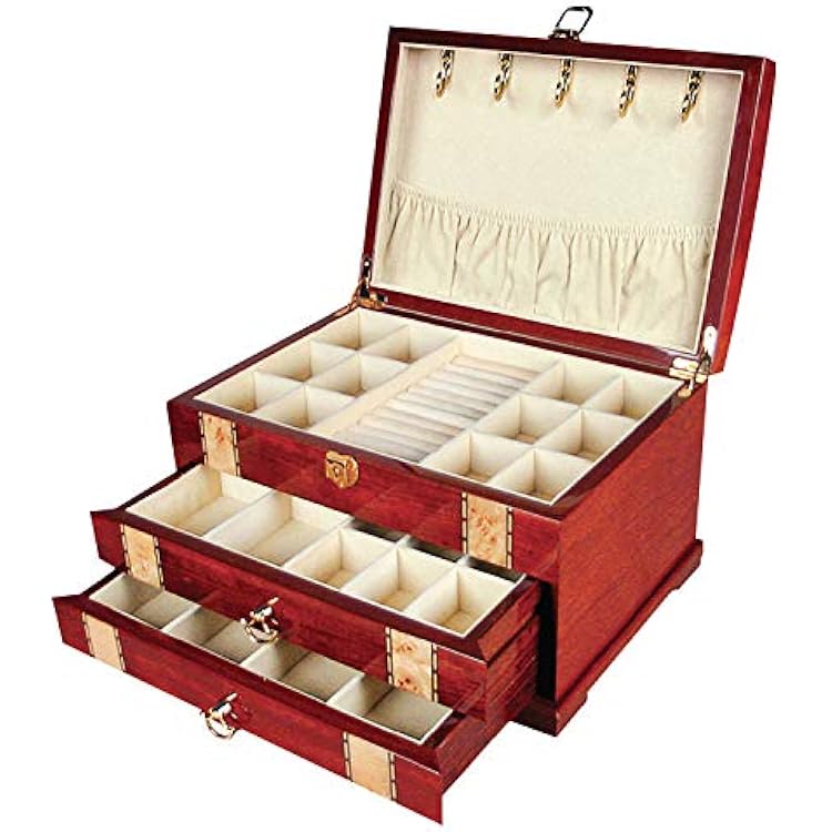 TIZO Design Polished Wood Chest-Style Jewelry Box with 2 Drawers & Burl Inlay