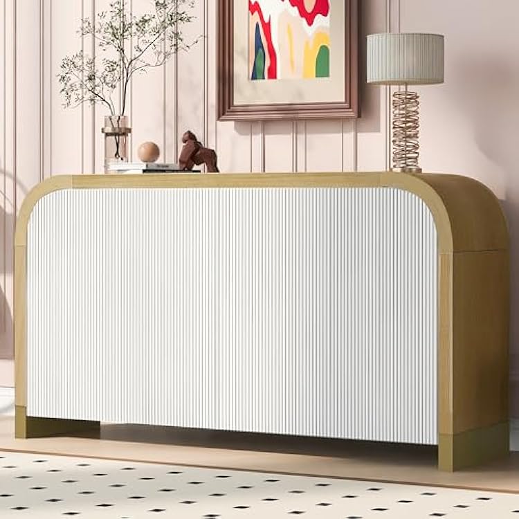 Amposei Modern Curved Sideboard Cabinet 59.8-Inch Entryway Console Table Accent Storage Cabinet with Doors & Adjustable Shelves for Living Room Hallway, White