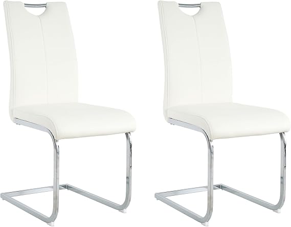 Modern Dining Chairs Set of 2,Faux Leather Side Dining Room Chairs,Modern Upholstered Kitchen Chairs with Faux Leather Padded Seat High Back,Chairs for Dining Room,Kitchen, Living Room,White&Silver