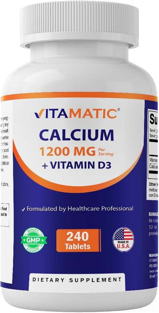 Vitamatic Calcium 1200mg with Vitamin D3 2000 IU (50mcg) Bone & Immune Support Formula 240 Tablets High Absorption Calcium Carbonate with D3 Non-GMO, Gluten-Free