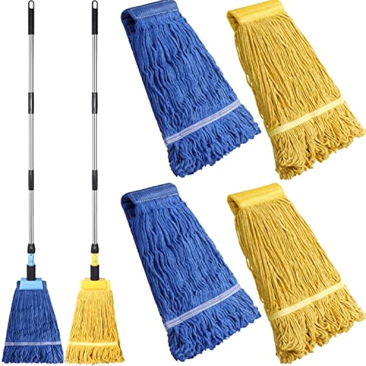 Gejoy 2 Sets Looped End Commercial Mop Heavy Duty Industrial Mop with 4 Mop Replacement Heads, Stainless Steel Pole, Iron Clamp Cotton Mops for Floor Cleaning, Dust, Wood Floor, Kitchen, Blue, Yellow