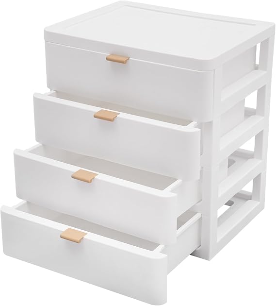 4 Drawers Stackable Desktop Storage Drawers Plastic Unit White Makeup Modern Drawer Organiser With Multifunctional, Space Saving for Office School Supplies Home Cosmetics 26 * 20.2 * 29cm