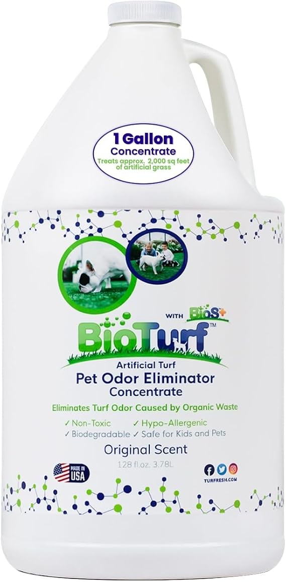 BioTurf BioS+ Turf Cleaner for Pet Urine Outdoor Artificial Turf Cleaner Deodorizer Concentrate Fake Grass & Yard Deodorizer for Dog Urine & Feces Enzyme Kennel Odor Eliminator 1 Gallon